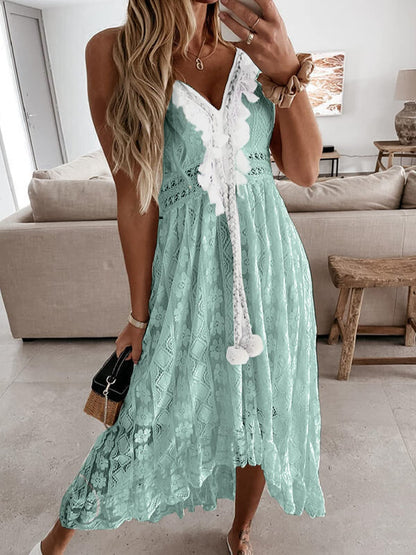 CUPSHE Women's Maxi Dress Lace Dresses Boho Tassel V-Neck Flare Ruffle Adjustable Straps Beach Summer Long Dress