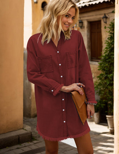 Zilcremo Women Denim Shirt Dresses Long Sleeve Distressed Jean Dress Button Down Casual Tunic Top
