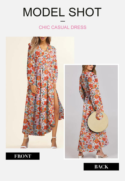 BLENCOT Womens Casual Boho Deep V Neck Short Sleeve Long Dress