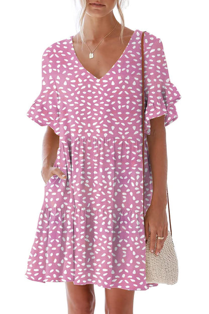 nclook Women's Summer Casual Dress Sweet & Cute V-Neck Mini Dress with Pocket Short Sleevele Ruffle Dress