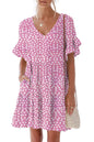 nclook Women's Summer Casual Dress Sweet & Cute V-Neck Mini Dress with Pocket Short Sleevele Ruffle Dress