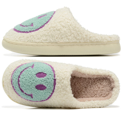 Retro Fuzzy Face Slippers for Women Men, Retro Soft Fluffy Warm Home Non-Slip Couple Style Casual Smile Face Slippers Indoor Outdoor Anti-Skid Warm Cozy Foam Slide Fuzzy Slides with Soft Memory Foam Shoes