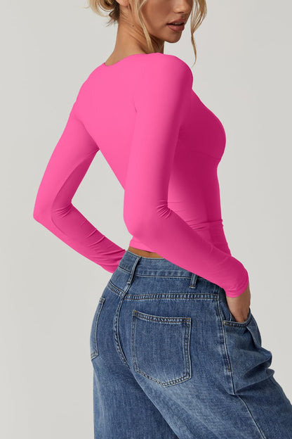 QINSEN Women's Long Sleeve V Neck T Shirts Double Lined Crop Top Seamed Cup Going Out Tops