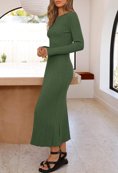 MEROKEETY Women's 2024 Long Sleeve Bodycon Sweater Dress Fall Crew Neck Ribbed Knit Maxi Dresses