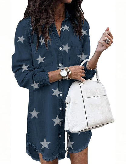 Zilcremo Women Denim Shirt Dresses Long Sleeve Distressed Jean Dress Button Down Casual Tunic Top