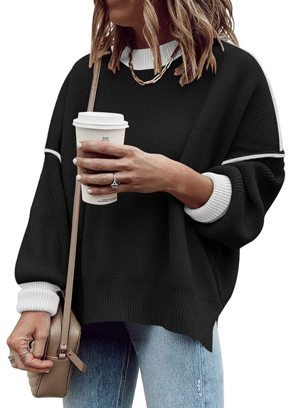ETCYY Womens Oversized Sweaters Fall 2024 Fashion Clothes Trendy Batwing Sleeve Colorblock Striped Knit Pullover Sweater Tops