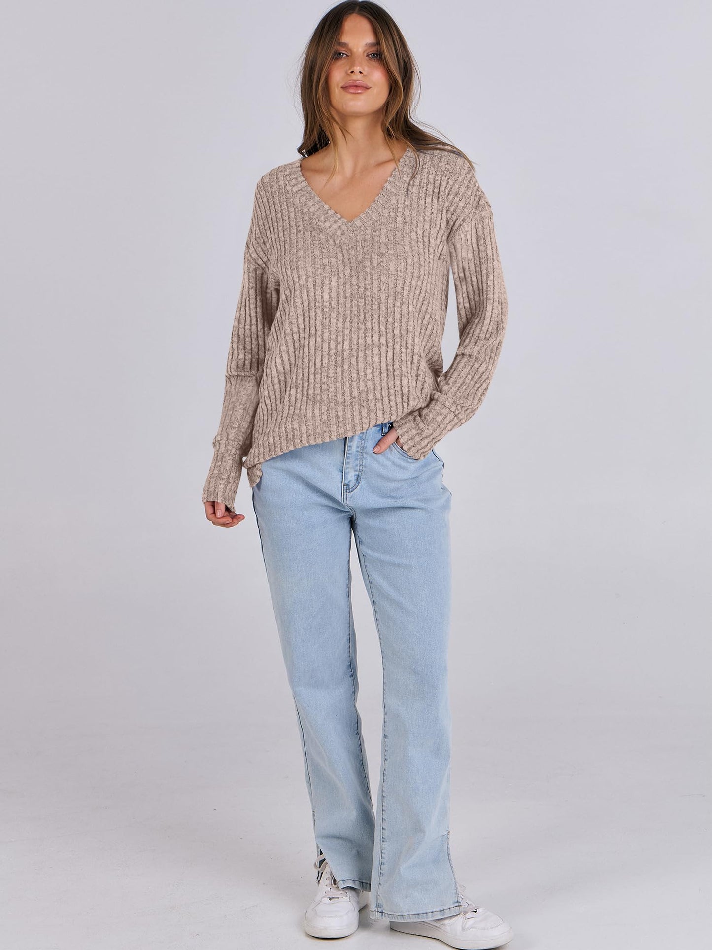 ANRABESS Long Sleeve Shirts for Women V Neck Casual Fall Tops Loose Fit Lightweight Sweaters Tunic Fashion 2024 Clothes