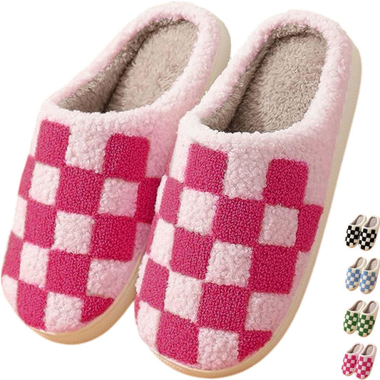 Checkered Slippers House Slippers for Women Men Funny Fluffy Slippers Memory Foam Womens House Shoes Outdoor Indoor Warm Plush Bedroom Slippers for Winter
