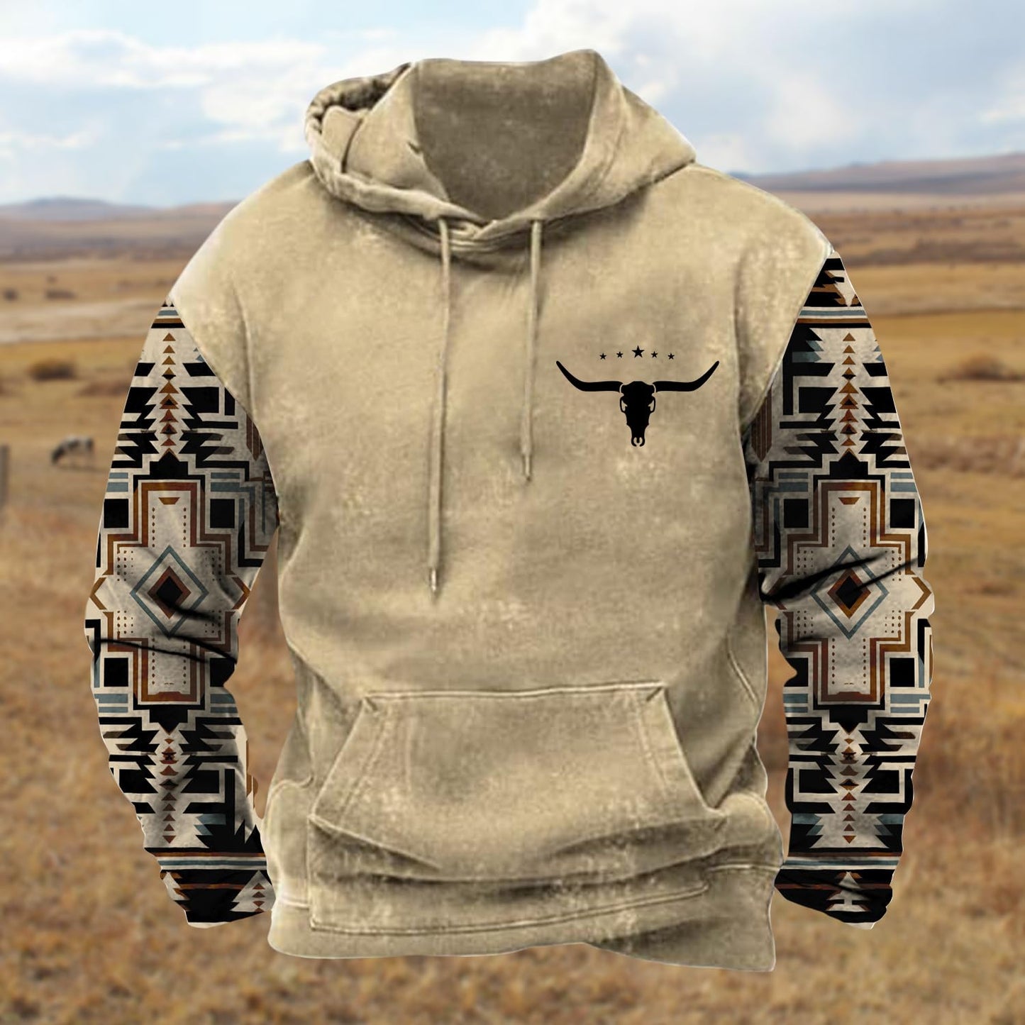 PORCLAY Mens Aztec Hoodie Western Cowboy Hooded Sweatshirt Country Graphic Print Oversized Pullover Shirts with Pocket