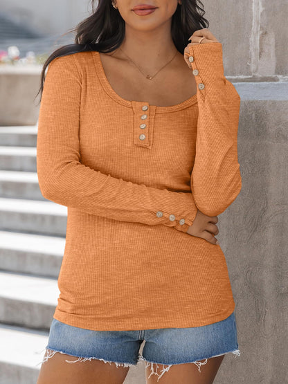 Kissfix Womens Long Sleeve Shirts Going Out Fall Clothes Casual Henley Tops Ribbed Knit Blouses Fashion Trendy Outfits