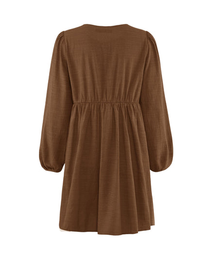 ZESICA Women's Dress Fall Long Puff Sleeve Self Tie Front Babydoll A Line Pleated Cute Mini Tunic Dresses 2025
