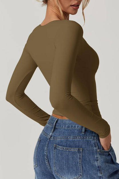 QINSEN Women's Long Sleeve V Neck T Shirts Double Lined Crop Top Seamed Cup Going Out Tops