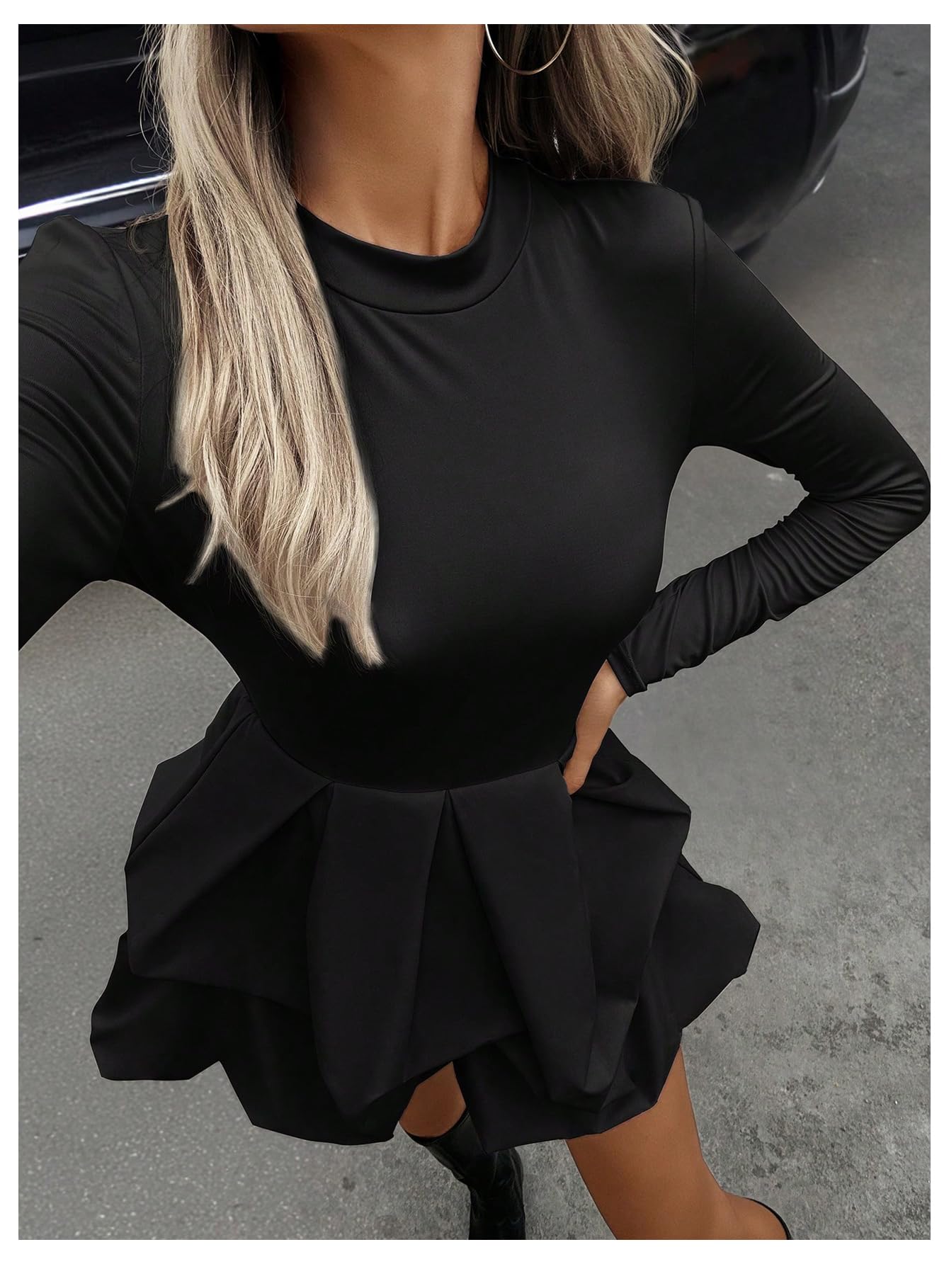 Floerns Women's Mock Neck Long Sleeve Tiered Dress Club Bubble Puffy A Line Dress