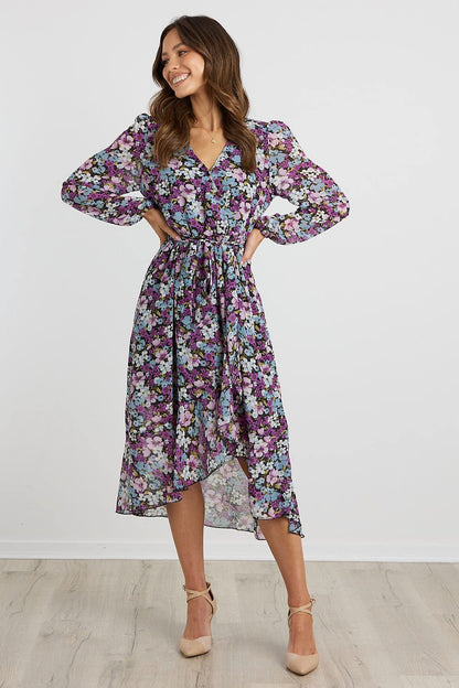 PRETTYGARDEN Women's Floral Print Boho Dress Long Sleeve Wrap V Neck Ruffle Belted A-Line Flowy Maxi Dresses