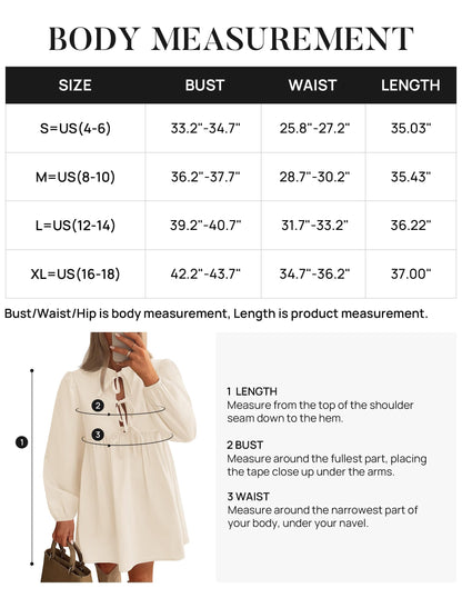ZESICA Women's Dress Fall Long Puff Sleeve Self Tie Front Babydoll A Line Pleated Cute Mini Tunic Dresses 2025