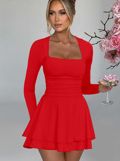 Kaximil Women's Square Neck Ruffle Hem Mini Dress Ruched Waist Long Sleeve Corset Short Party Dresses