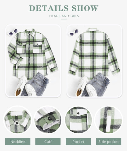 Beaully Women's Flannel Plaid Shacket Long Sleeve Button Down Shirts Jacket Coats with Side Pockets