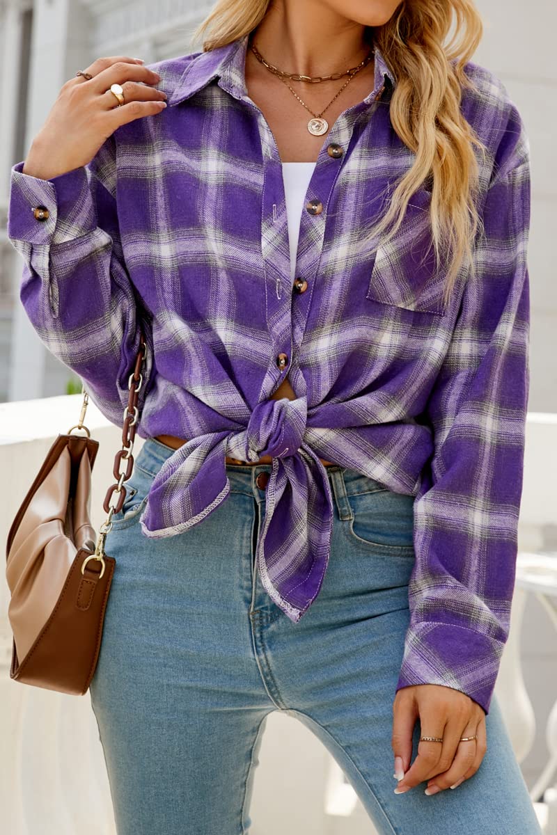 CHYRII Womens Button Down Flannel Shirts Long Sleeve Plaid Shackets Business Casual Blouse Top