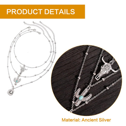 Western Turquoise Layered Chain Necklaces,Retro Imitation Turquoise Collarbone Chain,Boho Layered Necklaces,Bull Head Necklace Country Concert Accessories Outfits Jewelry Gifts for Women Cowgirls