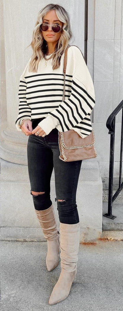 ETCYY Womens Oversized Sweaters Fall 2024 Fashion Clothes Trendy Batwing Sleeve Colorblock Striped Knit Pullover Sweater Tops