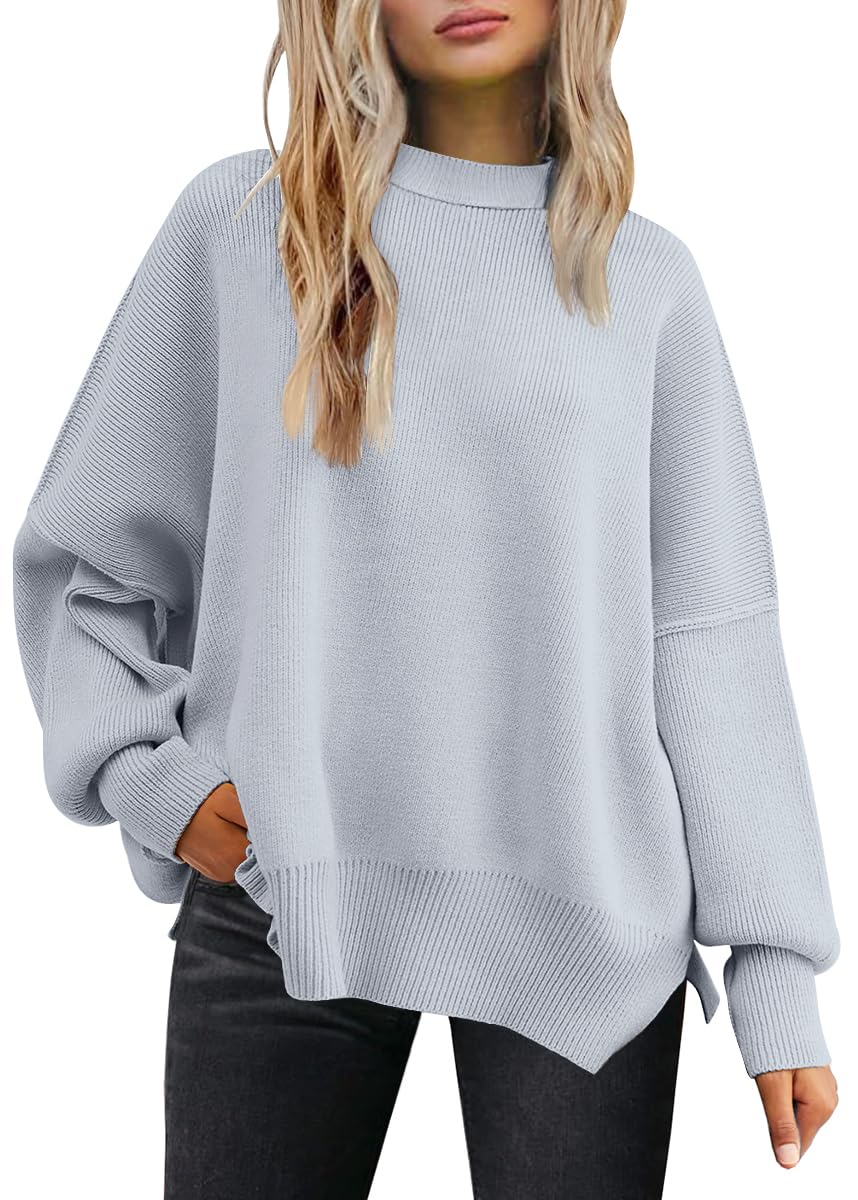 LILLUSORY Women's Oversized Batwing Sweaters 2024 Fall Outfits Crewneck Ribbed Knit Side Slit Trendy Pullover Tops