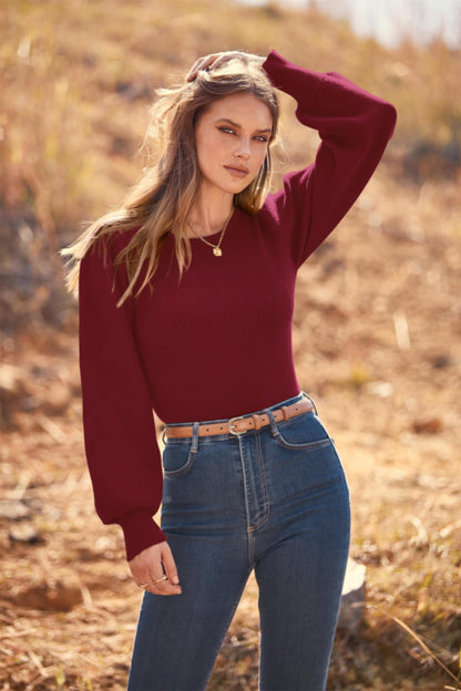MASCOMODA Long Puff Sleeve Sweaters for Women 2024 Fall Winter Crewneck Knit Ribbed Bodysuit Pullover Tops