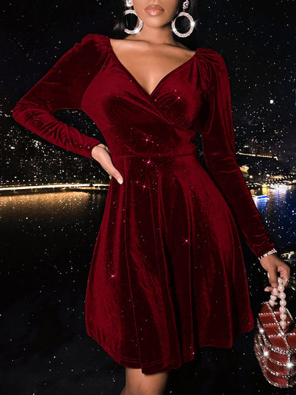 Sexyasasii Womens Wrap V Neck Long Sleeve Velvet Glitter A Line Cocktail Party Swing Fit and Flare Skater Mini Dress
