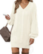 Women's Pullovers Jumper Sweaters Lantern Sleeve Casual V Neck Fall Knit Mini Sweater Dresses