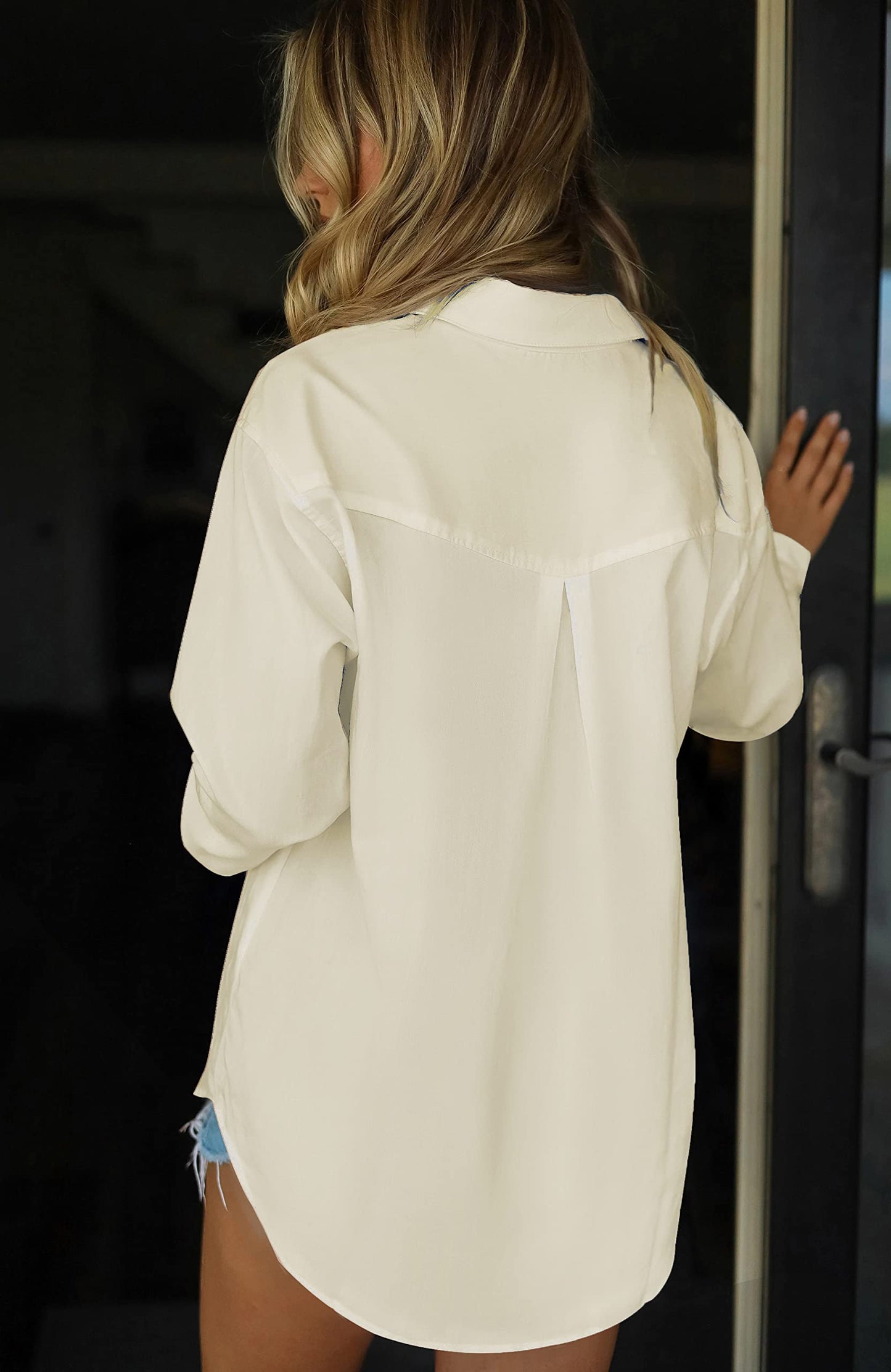 HOTOUCH Women Oversized Button Down Shirts Office Drop Shoulder Blouse Long Sleeve Boyfriend Dress Shirt with Pockets