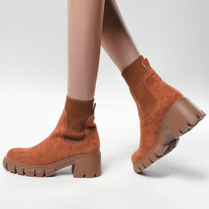 Ankle Boots for Women Faux Suede Chelsea Fashion Boots Elastic Thick Heel Chunky Block Lug Sole Platform Slip-on Booties