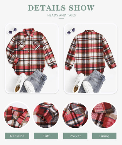 Beaully Women's Flannel Plaid Shacket Long Sleeve Button Down Shirts Jacket Coats with Side Pockets