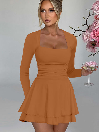 Kaximil Women's Square Neck Ruffle Hem Mini Dress Ruched Waist Long Sleeve Corset Short Party Dresses