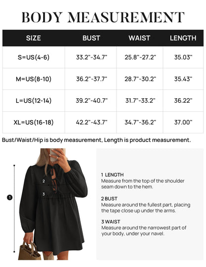 ZESICA Women's Dress Fall Long Puff Sleeve Self Tie Front Babydoll A Line Pleated Cute Mini Tunic Dresses 2025