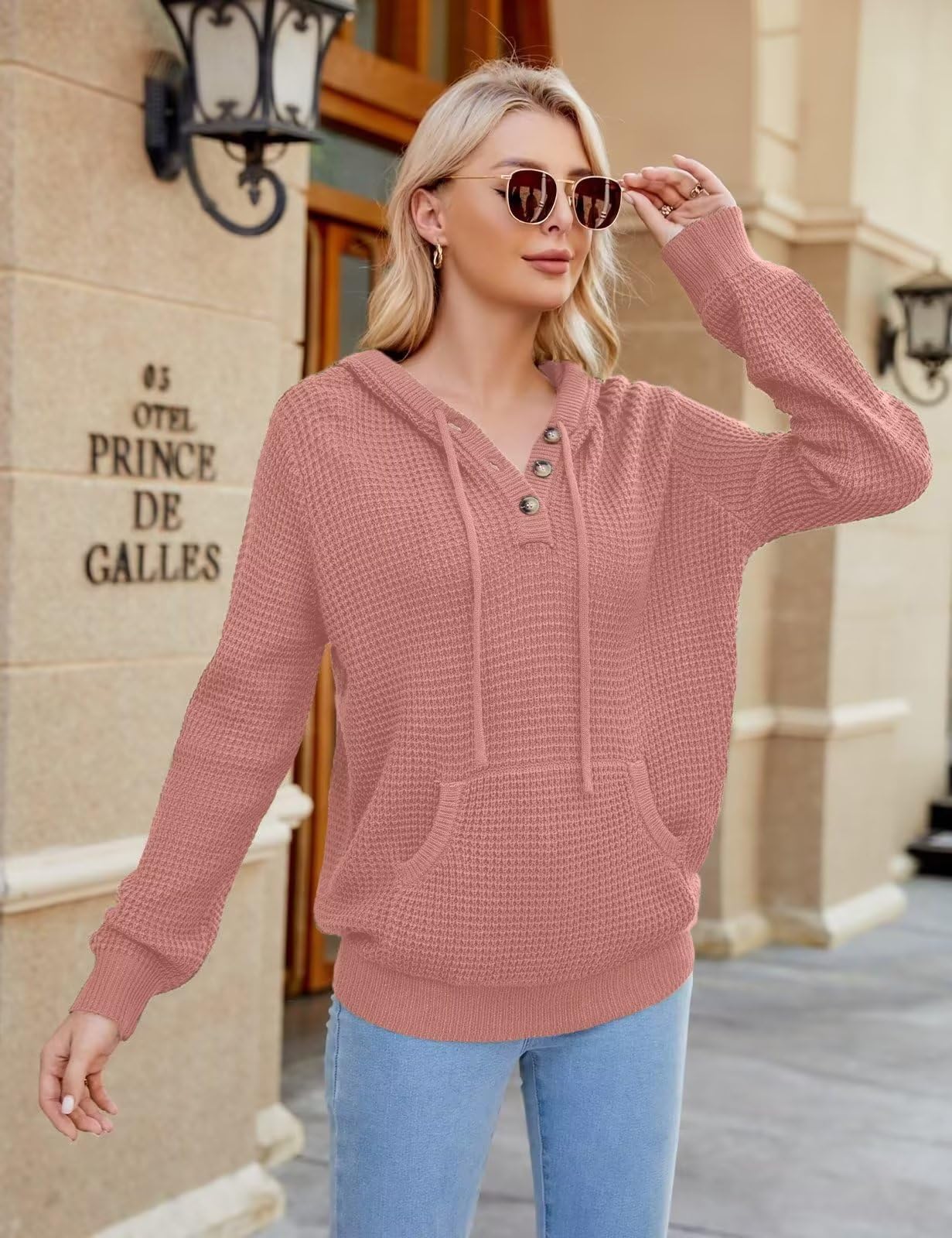 CiCiBird Women Fall Hoodies Sweater Knit V Neck Tops Oversized Fashion Pullover Casual Long Sleeve Shirts with Pockets