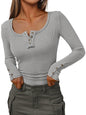 Kissfix Womens Long Sleeve Shirts Going Out Fall Clothes Casual Henley Tops Ribbed Knit Blouses Fashion Trendy Outfits