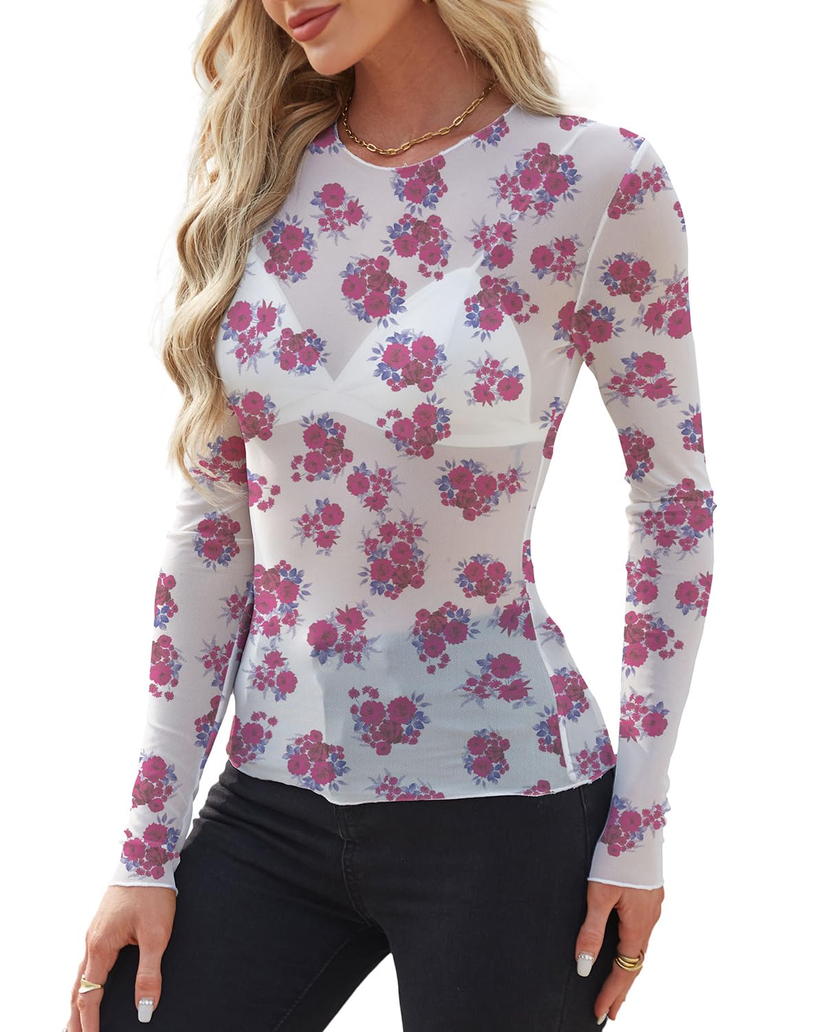 WIHOLL Womens Mesh Sheer Tops Sexy Crew Neck Summer Loose FIt Party Clubwear Shirts