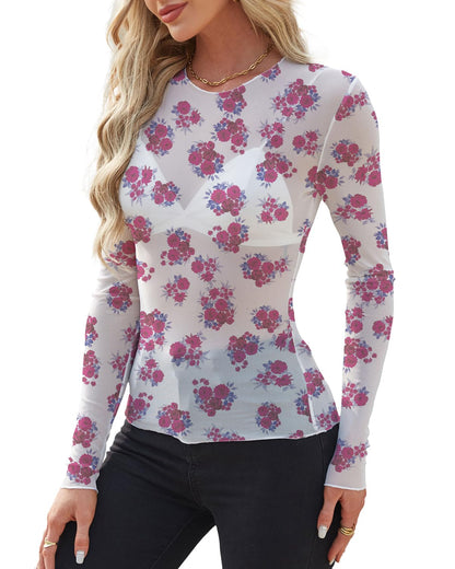 WIHOLL Womens Mesh Sheer Tops Sexy Crew Neck Summer Loose FIt Party Clubwear Shirts