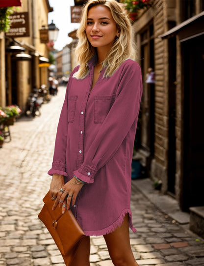 Zilcremo Women Denim Shirt Dresses Long Sleeve Distressed Jean Dress Button Down Casual Tunic Top