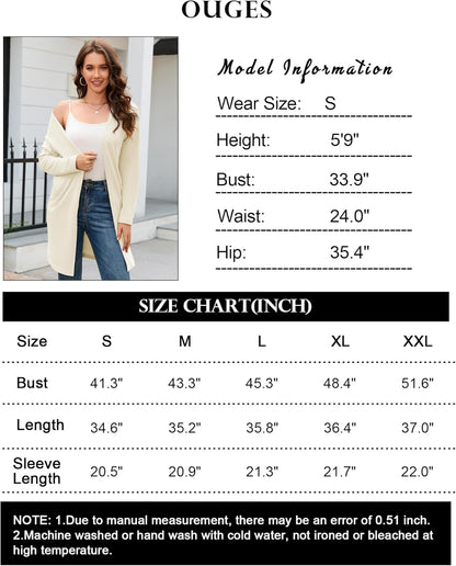 OUGES Women's Open Front Cardigan Shirt with Pockets Long Sleeve Lightweight Coat