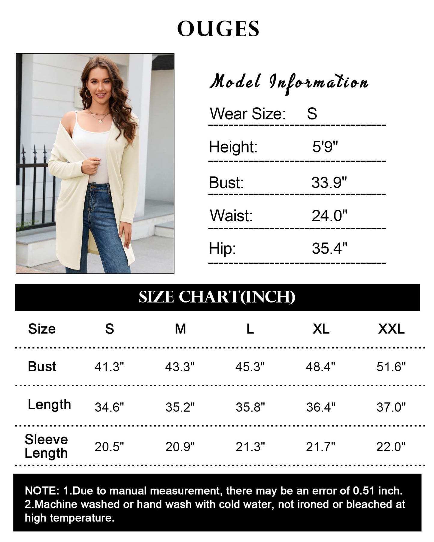 OUGES Women's Open Front Cardigan Shirt with Pockets Long Sleeve Lightweight Coat