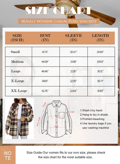 Beaully Women's Flannel Plaid Shacket Long Sleeve Button Down Shirts Jacket Coats with Side Pockets