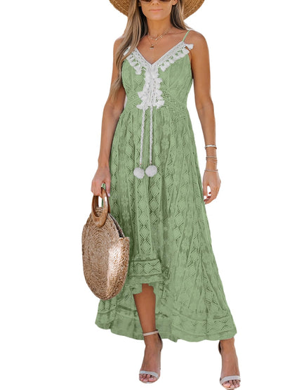 CUPSHE Women's Maxi Dress Lace Dresses Boho Tassel V-Neck Flare Ruffle Adjustable Straps Beach Summer Long Dress