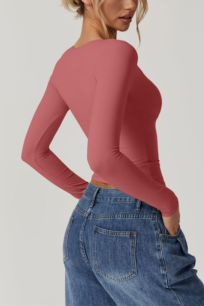QINSEN Women's Long Sleeve V Neck T Shirts Double Lined Crop Top Seamed Cup Going Out Tops