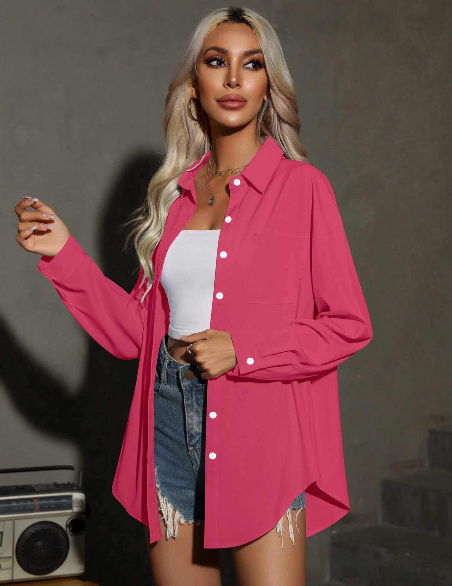 HOTOUCH Women Oversized Button Down Shirts Office Drop Shoulder Blouse Long Sleeve Boyfriend Dress Shirt with Pockets