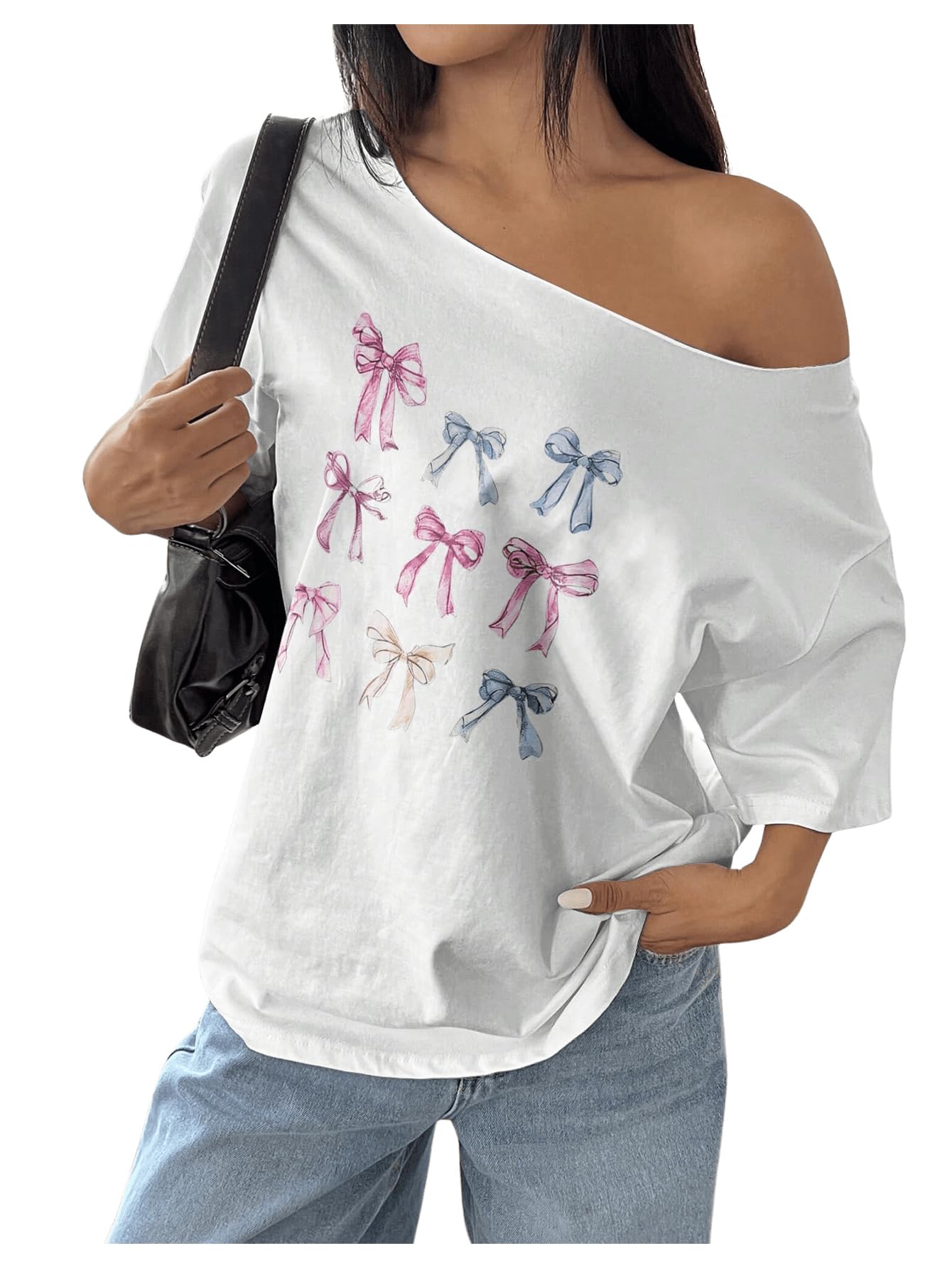 Women's Off The Shoulder Tops Short Sleeve Oversized Graphic Tees Casual Summer Tops Trendy