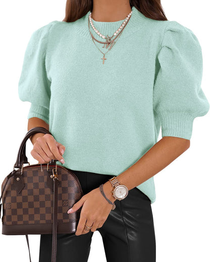 Women's Puff Short Sleeve Sweater Tops 2024 Spring Summer Trendy Crew Neck Casual T Shirts Blouses