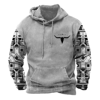 PORCLAY Mens Aztec Hoodie Western Cowboy Hooded Sweatshirt Country Graphic Print Oversized Pullover Shirts with Pocket