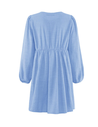 ZESICA Women's Dress Fall Long Puff Sleeve Self Tie Front Babydoll A Line Pleated Cute Mini Tunic Dresses 2025