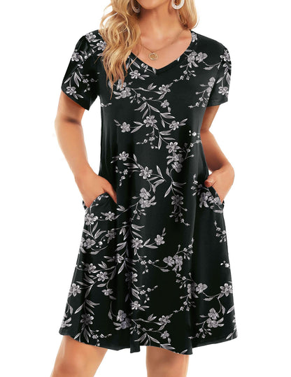 HOTOUCH Womens Summer Floral V Neck Dresses Beach Casual Short Sleeve T Shirt Dresses Swing Sundresses with Pockets 2025
