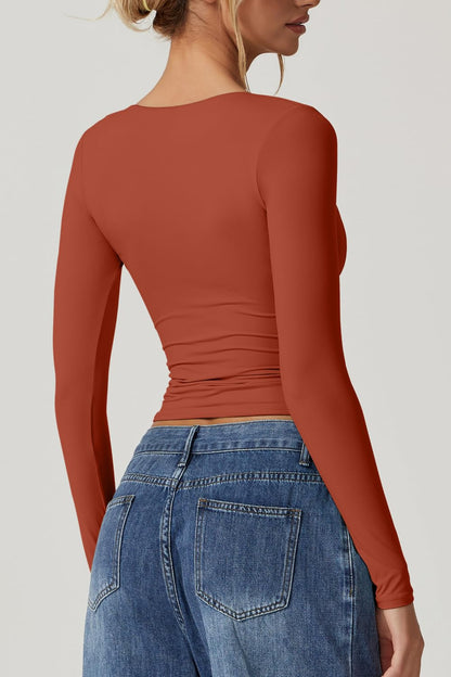 QINSEN Women's Long Sleeve V Neck T Shirts Double Lined Crop Top Seamed Cup Going Out Tops